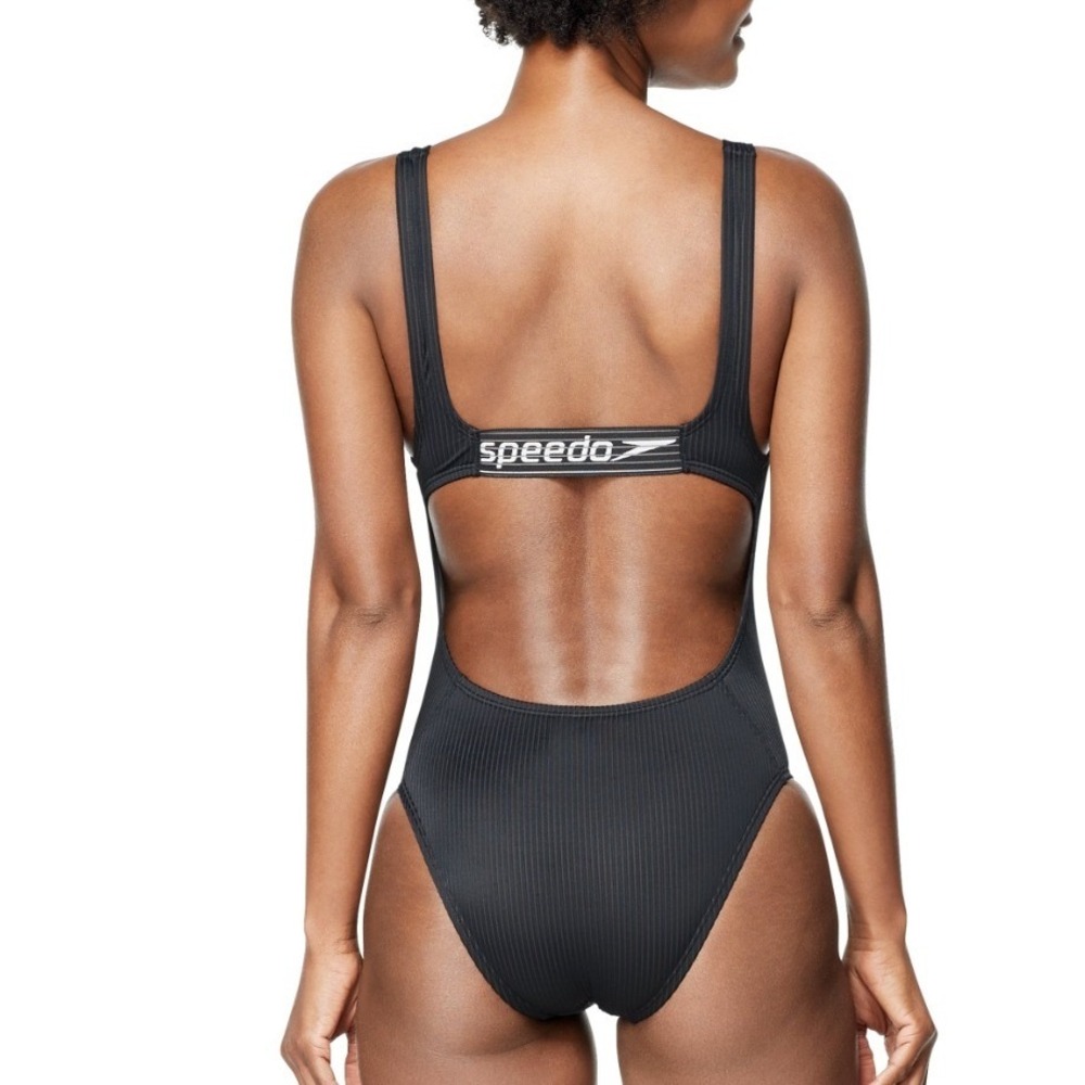 Speedo Womens Black Ribbed One Piece Swimsuit Open Back Logo Strap Size 10
